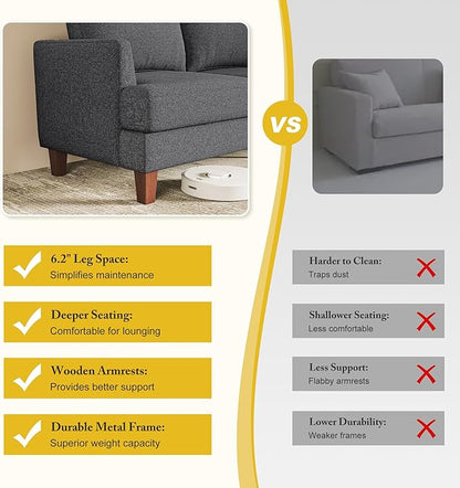 Busaurus 3 Seater Sofa Couch with Deep Seats, 89" Mid Century Modern Upholstered Sofa with Armrests, Comfy Couches for Living Room, Bedroom, Apartment and Office (Dark Grey)