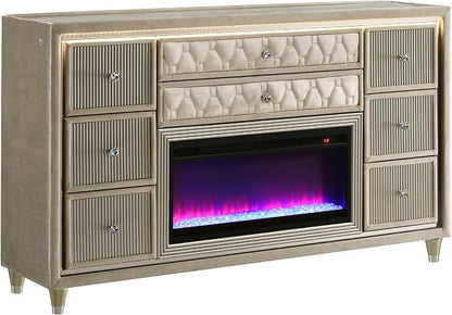 Coaster Home Furnishings - Lorient - Wood and Velvet - 8-Drawer Dresser with Flame Box, LED Lighting, Crystal Knobs and Traditional Style - Bedroom - Ivory and Camel - 222663FB