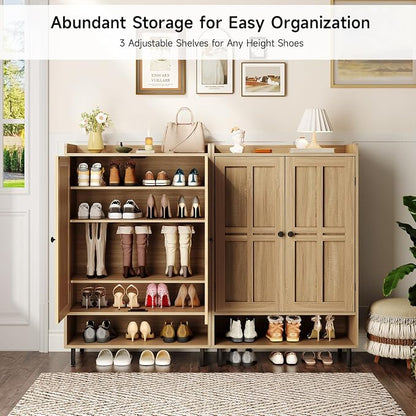 ONBRILL Shoe Cabinet with Cross Molding Doors, 6-Tier Shoe Storage Cabinet with 3 Adjustable Shelves and Metal Legs, 45'' Tall Shoes Rack Organizer Cabinet for Entryway, Front Door, Natural Oak