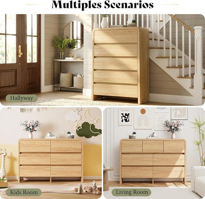 AMERLIFE Modern 3-Piece Bedroom Furniture Set with 5-Drawer Dresser and 2 Nightstands, Large Storage Capacity, Rounded Corners, Flexible Combination Design, Anti-Tip Kit Included, Light Oak