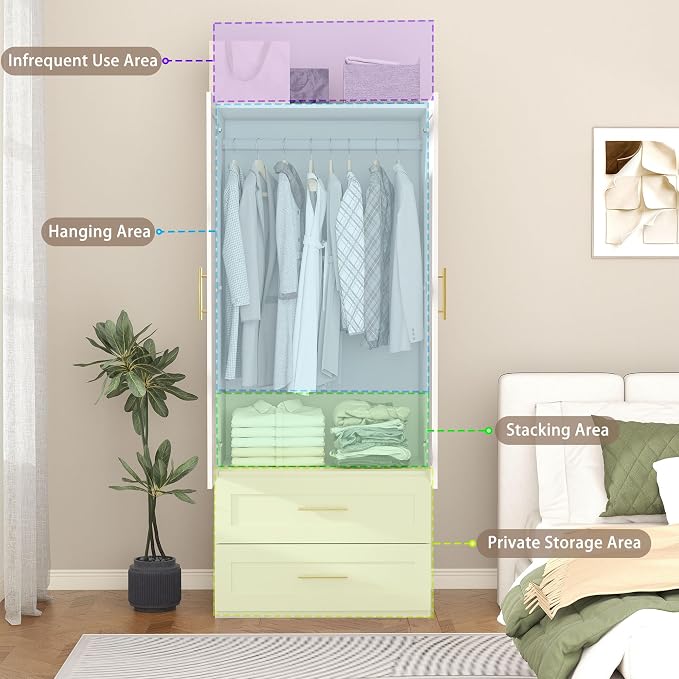Armoire Wardrobe Closet with Drawers: 75" White Wardrobe Closet with 4 Doors and 4 Drawers, Wood Armoire Closets Cabinet for Hanging Clothes, Bedroom Armoires with Hanging Rod (63")