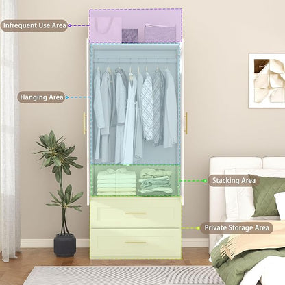 Armoire Wardrobe Closet with Drawers: 75" White Wardrobe Closet with 4 Doors and 4 Drawers, Wood Armoire Closets Cabinet for Hanging Clothes, Bedroom Armoires with Hanging Rod (63")