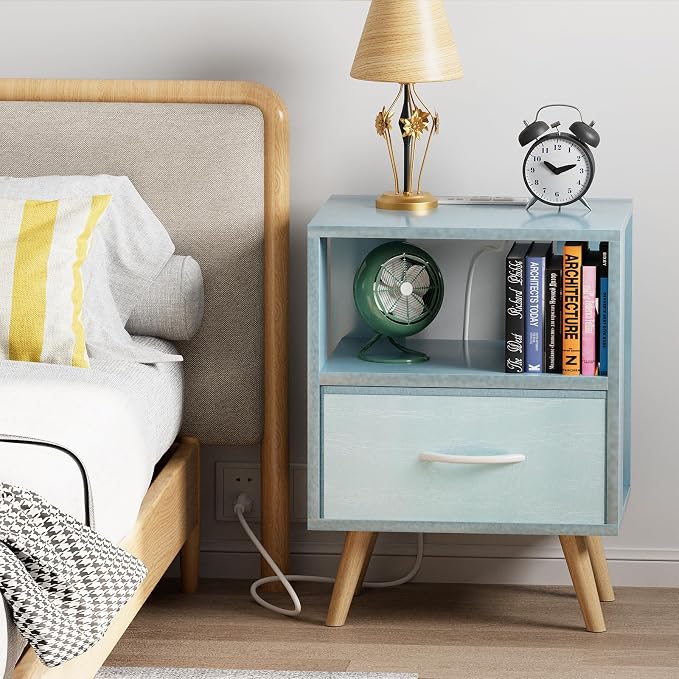 Aenuert Night Stand with Charging Station, Blue Nightstand with Drawer, 2-Tier Wooden Bedside Table with USB Ports and Outlets, End Table for Small Space, Living Room, Bedroom