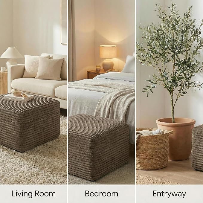 JINGLING 25.6 Inch Plush Corduroy Ottoman, Modular Sectional Foot Rest for Living Room, Upholstered Cloud Ottoman for Boneless Couch in a Box, Compressed Memory Foam, No Assembly Require, Camel