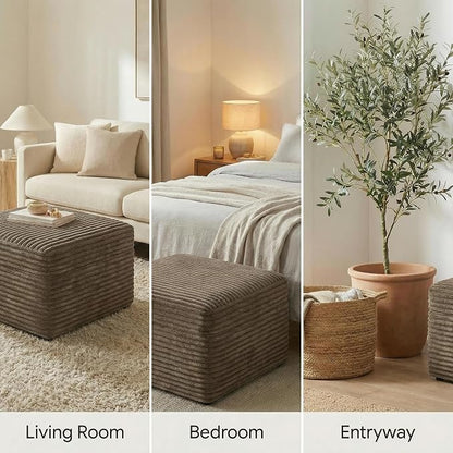 JINGLING 25.6 Inch Plush Corduroy Ottoman, Modular Sectional Foot Rest for Living Room, Upholstered Cloud Ottoman for Boneless Couch in a Box, Compressed Memory Foam, No Assembly Require, Camel