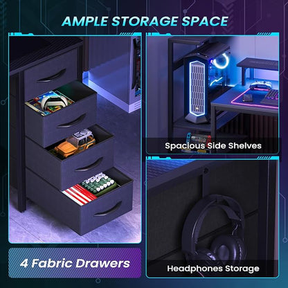 59 Inch Gaming Desk with Power Outlet and LED Lights, Computer Desk with 4 Drawers & Storage Shelves, Reversible Home Office Desk with Monitor Stand for Small Space Bedroom, Carbon Fiber Black