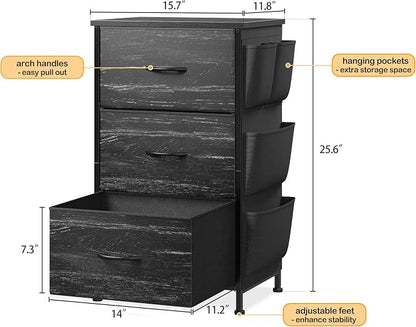 Night Stand Set 2, Night Stand with Drawers for Bedroom, Bedside Table with Wooden Top, Sturdy Steel Frame End Table, Dorm Nightstand for Bedroom, Entryway, Hallway, Closet, Cloth Bags, Hooks, Black