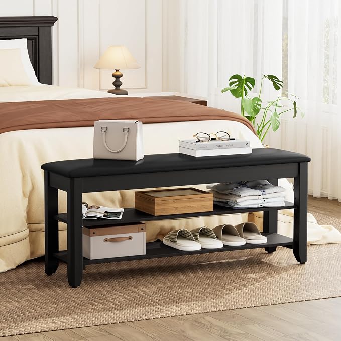 Homleke 2-Tier Solid Wood Shoe Rack Bench with Flip-Top Storage | Entryway Bench with Cushion, Adjustable Shelf, Holds Up to 10 Pairs, for Hallway, Bedroom and Closet, Black, 39.4 Inch