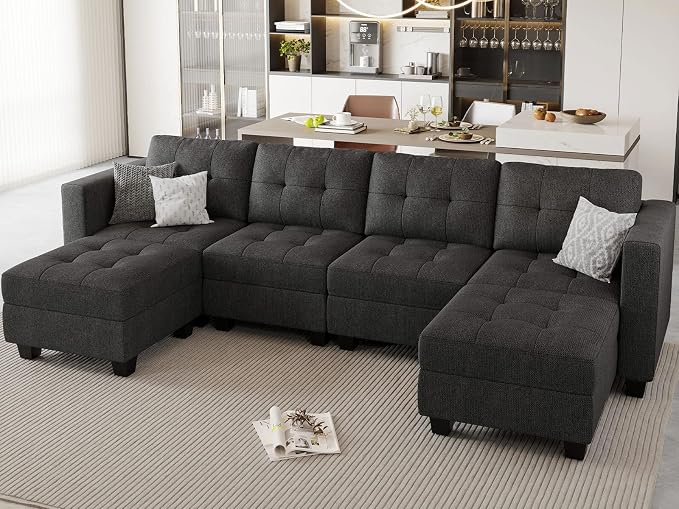 Belffin Reversible Storage Modular U-Shape Sectional Sofa Couch with Double Chaises Modular Sectional Sofa Set with Ottomans Fabric Dark Grey