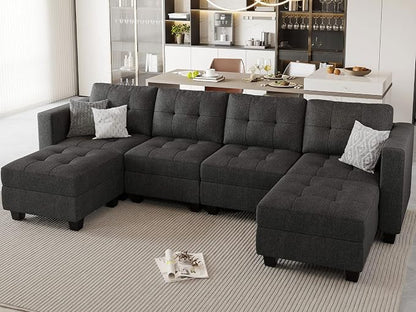 Belffin Reversible Storage Modular U-Shape Sectional Sofa Couch with Double Chaises Modular Sectional Sofa Set with Ottomans Fabric Dark Grey