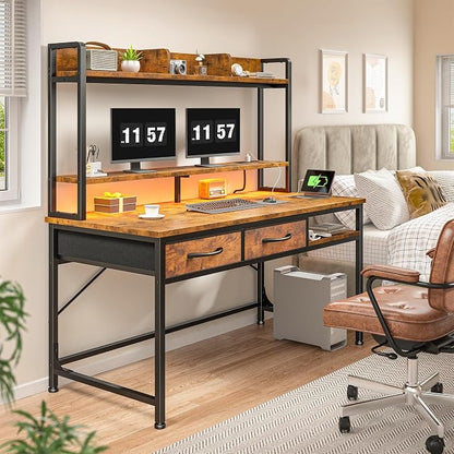 DurayLoly 39.4" Office Desk with Shelves & Monitor Stand, Computer Desk with Hutch&Drawers, LED Lights & Power Outlet, for Modern Home Office & Bedroom, Small Space, Rustic Brown