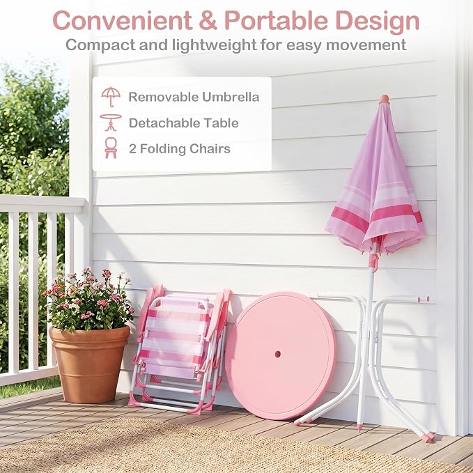 Olakids Kids Picnic Table, Outdoor Toddler Patio Furniture Set with 2 Folding Chairs Adjustable Foldable Umbrella for Garden Backyard Beach (Pink)