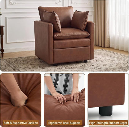 30" Brown Faux Leather Sofa Chair, Single Cloud Accent Chair with Storage | Modern Upholstered Deep Seat Sofa Chair, Comfort for Reading, Lounging, and Small spaces, Armchair for Living Room, Bedroom
