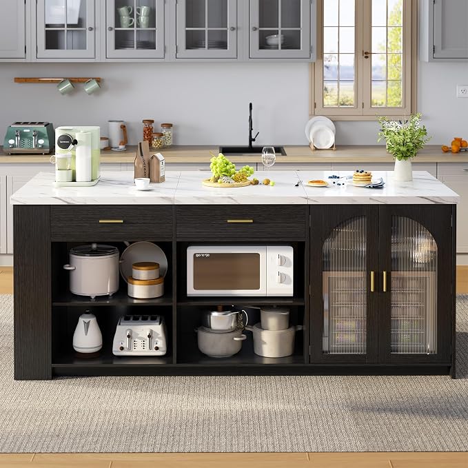 IBF 71" Large kitchen island with storage and seating, White Faux MarbleIsland Table with Drawers, Modern Stationary Island Cabinet & Fridge Space,Counter Height Island Bar for Dining Room, Black Base