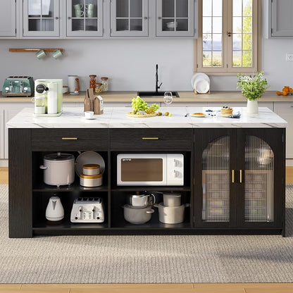 IBF 71" Large kitchen island with storage and seating, White Faux MarbleIsland Table with Drawers, Modern Stationary Island Cabinet & Fridge Space,Counter Height Island Bar for Dining Room, Black Base