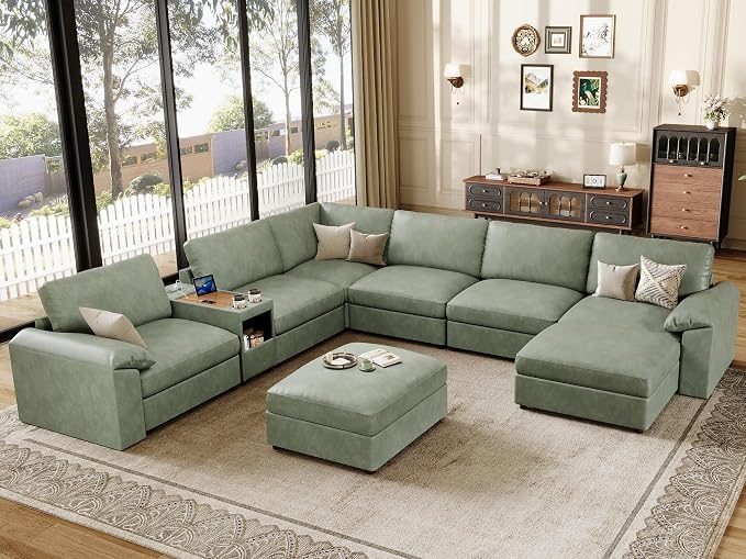 EASE MOOSE Faux Leather Sectional Couch with Console,Oversized Modular Sofa,Modern Comfy Modular Couch,Scratch Resistant Material Sofas,U Shaped Couch for Big Spaces,Green