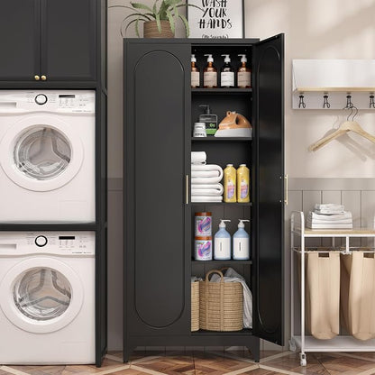 SteeLoong Kitchen Pantry Cabinet,75 Inch Black Metal Storage Cabinet with Door and Adjustable, Tall Pantry Cabinets for Kitchen Storage,Cupboard for Living Room,Dining Room and Bathroom