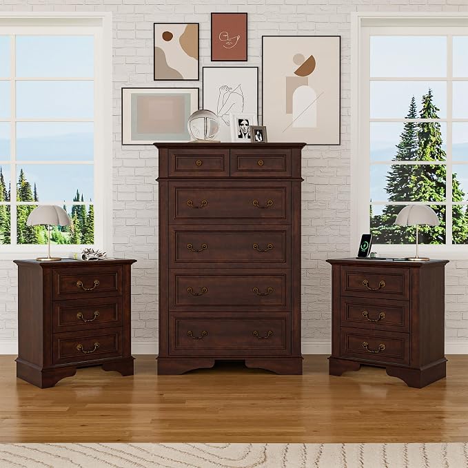Farmhouse Dresser and Nightstand Sets, 6-Drawer Dresser & 3 Drawer Nightstand Sets, 3 Pieces Rustic Wood Bedroom Furniture Set for Home, Bedroom, Hallway（Dark Brown）