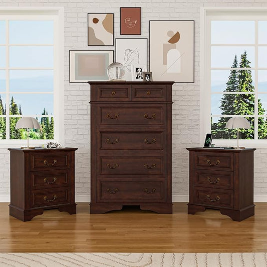 Farmhouse Dresser and Nightstand Sets, 6-Drawer Dresser & 3 Drawer Nightstand Sets, 3 Pieces Rustic Wood Bedroom Furniture Set for Home, Bedroom, Hallway（Dark Brown）