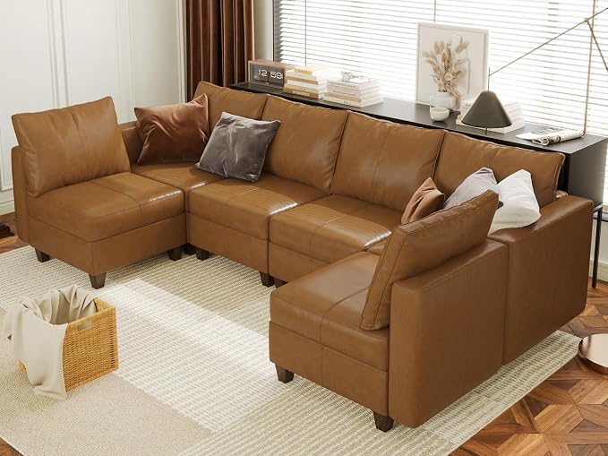 EASE MOOSE Modular Sofa with Storage, Faux Leather Sectional Sofa U Shaped Sectional Couches for Living Room, Brown