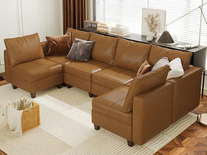 EASE MOOSE Modular Sofa with Storage, Faux Leather Sectional Sofa U Shaped Sectional Couches for Living Room, Brown