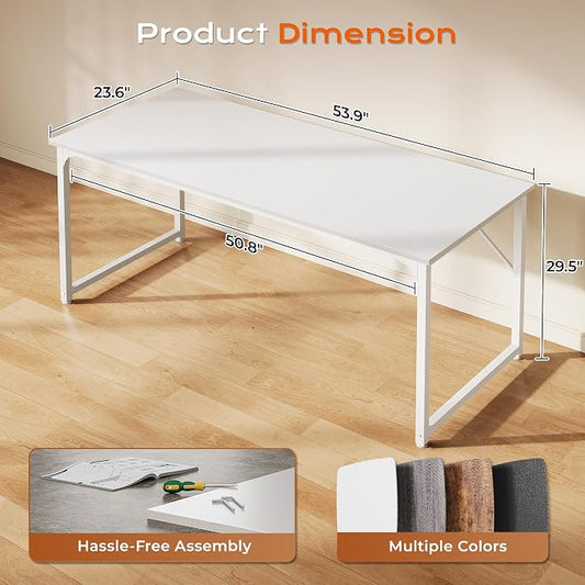 PRAISUN 55 X 24 Inch Computer Desk with Deeper Desktop, Gaming Office Writing Work Desk for Home Office, Study, Bedroom, Work from Home, Metal Frame, White