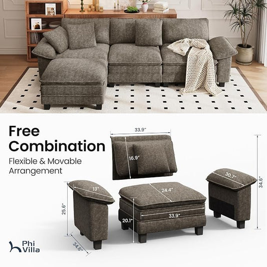 PHI VILLA Cloud Modular Couch Sets, 123.6" Sectional Sofa with L-Shaped Chaise, 4-Seater Upholstered Couches with Movable Ottoman for Living Room, Chenille Fabric, Smoky Grey