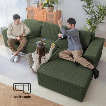 Claiks 110" Boneless Couch, Cloud Couch Sectional, L-Shape Corduroy Modular Sectional Sofa Deep Seat, Upholstered Couches for Living Room, No Assembly Required, Green, Right Facing Chaise