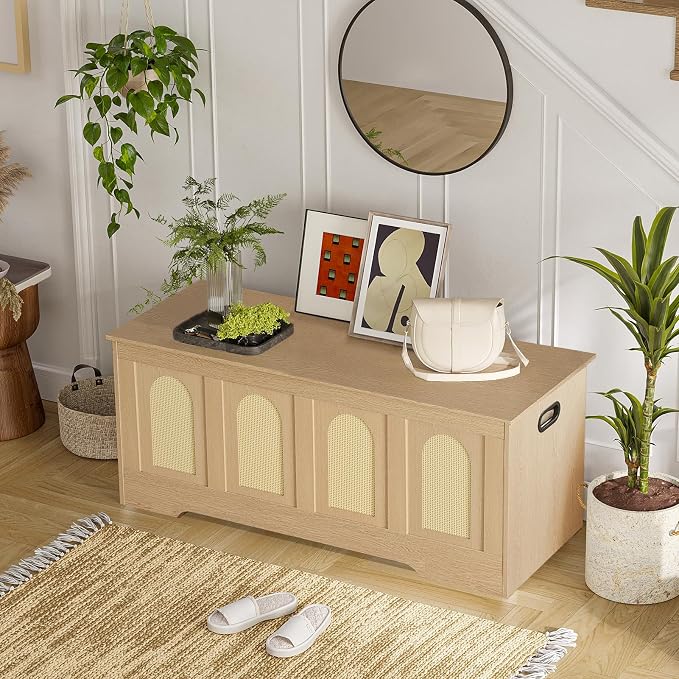 DINZI LVJ Storage Chest, 47.2" Rattan-Like Toy Box with 2 Safety Hinges, Wooden Entryway Storage Bench with Flip-Top, Large Trunk for Living Room, Bedroom, Easy Assembly, Natural