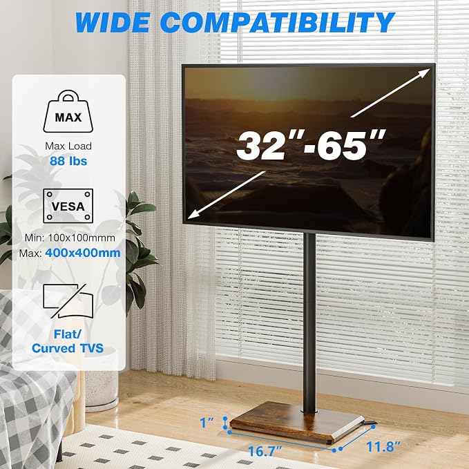 Rfiver Swivel Floor TV Stand with Mount for 32-65 inch TVs up to 88 lbs, Height Adjustable Tall TV Stand with Wood Base, Saving Space Design for Bedroom, Living Room and Corner,Rustic Brown