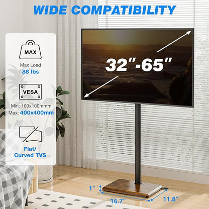 Rfiver Swivel Floor TV Stand with Mount for 32-65 inch TVs up to 88 lbs, Height Adjustable Tall TV Stand with Wood Base, Saving Space Design for Bedroom, Living Room and Corner,Rustic Brown