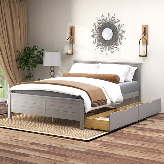 GOFLAME Full Size Bed Frame with 2 Drawers, Platform Bed with Solid Wood Headboard & Footboard, Wood Slats Support Mattress Foundation, Under Bed Storage, No Box Spring Needed, Easy Assembly, Grey