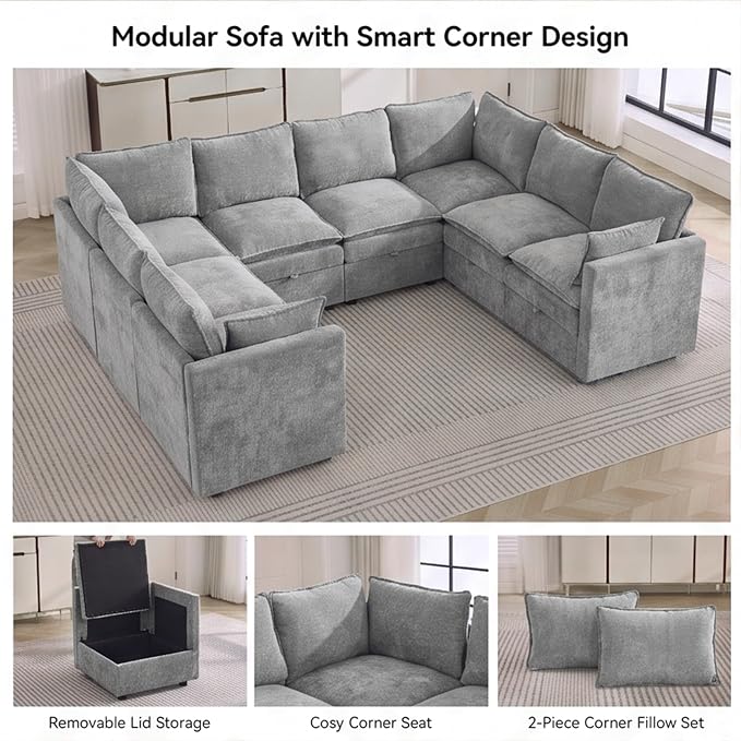 105" Light Grey Oversized Modular Storage Sofa, U Shaped Chenille Couch | Oversized Convertible Sectional Sofa, 8-Seat Sectional Couch With Armrests, Large Cloud Couch For Living Room, Apartment.