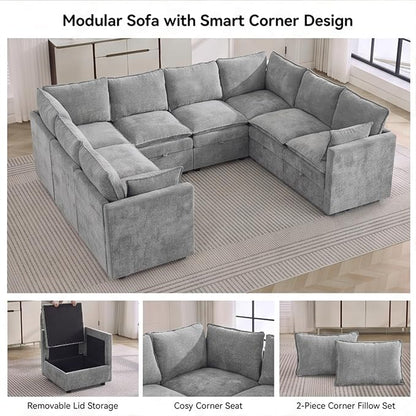 105" Light Grey Oversized Modular Storage Sofa, U Shaped Chenille Couch | Oversized Convertible Sectional Sofa, 8-Seat Sectional Couch With Armrests, Large Cloud Couch For Living Room, Apartment.