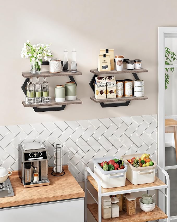 CHOEZON Hexagon Floating Shelves for Wall, Set of 2, 2 -Tier Hanging Shelves, Wall Mounted Storage Shelves, for Living Room, Bedroom, Kitchen, Home Office, Study, Greige TBJ06P2BG