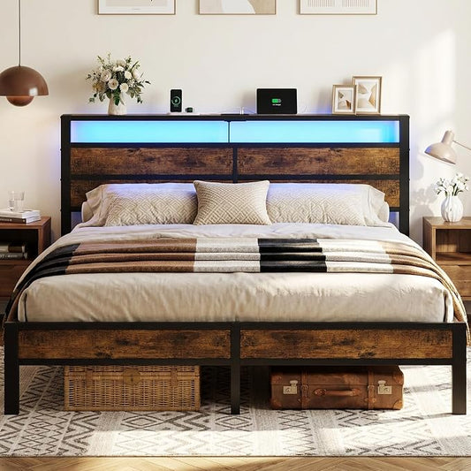 King Size Bed Frame with LED Lights & Charging Station, Brown Metal Platform Bed with Wood Headboard and Sturdy Slats, No Box Spring Needed