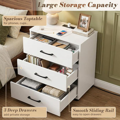 Aheaplus Night Stand Set of 2 with Charger Station, 21.7'' Wider Nightstands with 3 Wooden Drawers, Large Tall Bedside Table, Modern End Side Table Set, Nightstand for Bedroom, White
