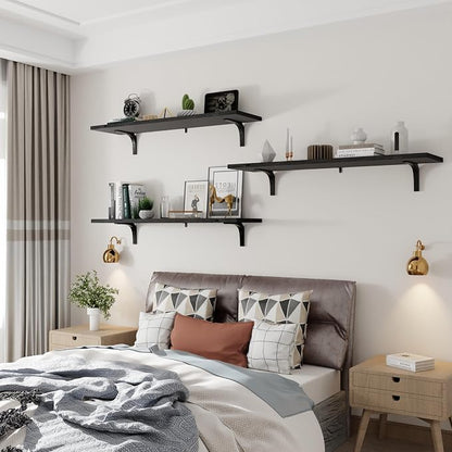 Deep Floating Shelves, 12 Inch Extra Wide Solid Wood Wall Shelves, Heavy Duty Wall Mounted Bookshelf for Living Room, Kitchen and Bedroom, Set of 3 (36 Inch, Black)