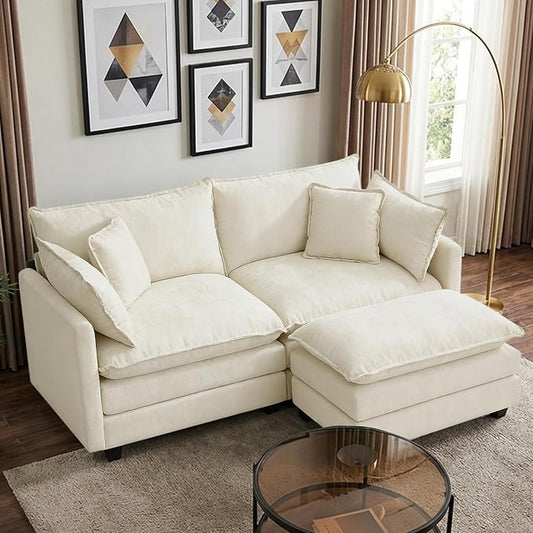 78” Modular Sectional Sofa, L Shaped Cloud Couch with Movable Ottoman, Comfy Chenille Deep Seat Sofa with Throw Pillows, 3 Seat Modern Couches for Living Room Bedroom Apartment, Beige