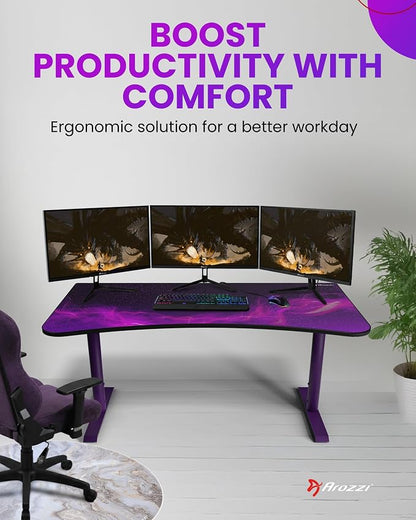 Arozzi Arena Special Edition Ultrawide Curved Gaming and Office Desk with Full Surface Water Resistant Desk Mat Custom Monitor Mount Cable Management Cut Outs - Purple Galaxy