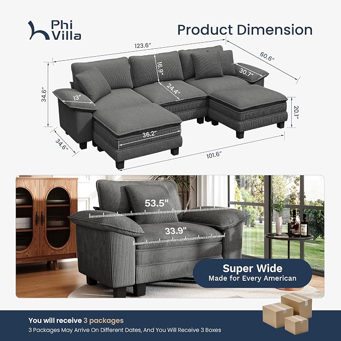 PHI VILLA Cloud Modular Couch Sets, 123.6" Oversized Sectional Sofa with U-Shaped Chaise, 5-Seater Couches with 2 Movable Ottomans for Living Room, Corduroy Grey