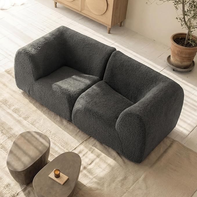 76" Loveseat Modular Sofa with High-Density Foam, 2-Piece Curved Sectional Couches, Boneless Sherpa Deep Seat Couch with Armrest, Cloud Soft Lounge Modern Sofas for Living Room – No Assembly, Grey