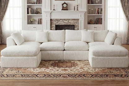 GRUSIGN 141'' Oversized Boneless Cloud Couch for Living Room, Modern Big Sectional Compressed U Shape Couch with 2 Ottoman, Comfy Chenille Deep Seat Memory Foam Spineless 6 Seater Sofa, Beige