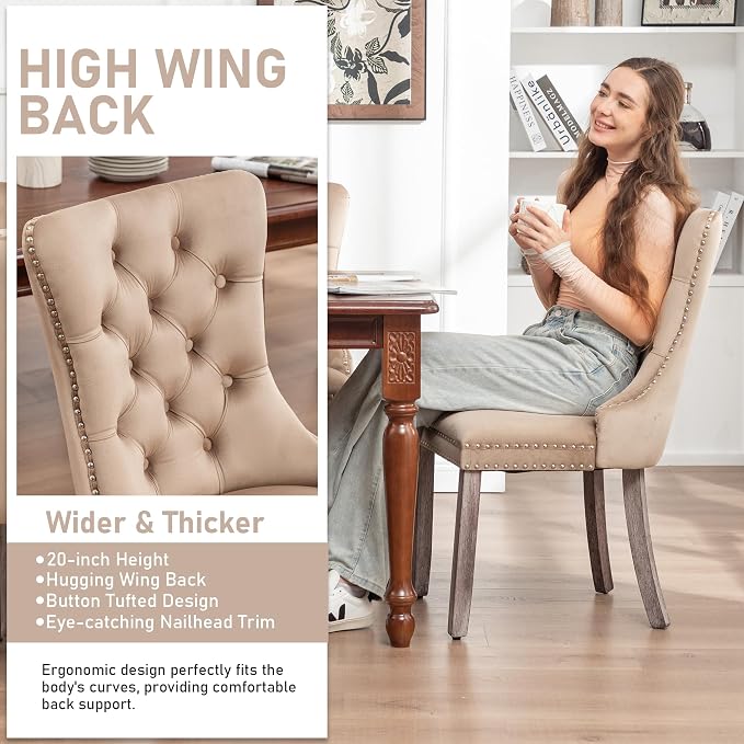 Mid Century Modern Dining Chair Set of 2 Velvet Upholstered Dining Accent Chair Farmhouse Dining Chairs with High Back and Nailhead Trim for Kitchen, Living Room, Bedroom (Khaki)