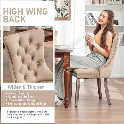 Mid Century Modern Dining Chair Set of 2 Velvet Upholstered Dining Accent Chair Farmhouse Dining Chairs with High Back and Nailhead Trim for Kitchen, Living Room, Bedroom (Khaki)