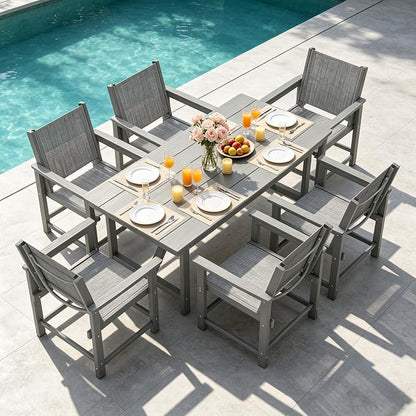 UDPATIO HDPE Dining Table Set for 6, Heavy Duty Extra-Wide Outdoor Table and Chairs with 360 lb Load Capacity, Easy to Assembly, All-Weather Patio Furniture for Pool, Garden, Backyard, Kitchen