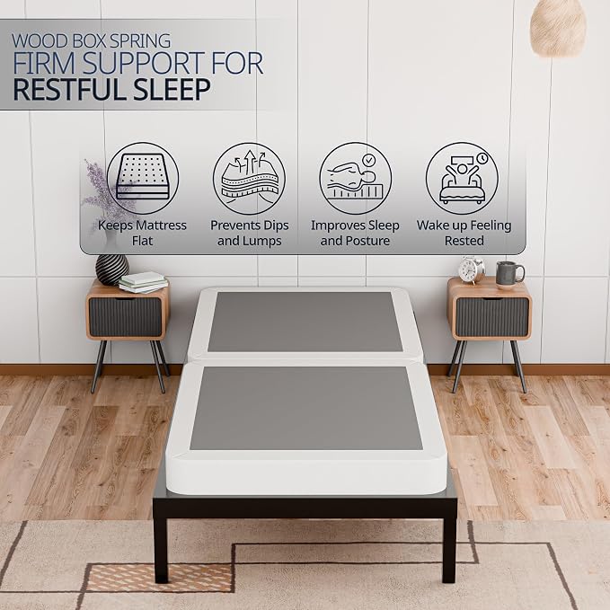 Nutan, 4-Inch Sturdy Wood Box Spring for Mattress Support - Durable and Fully Assembled, Natural Wood Foundation for Twin, White