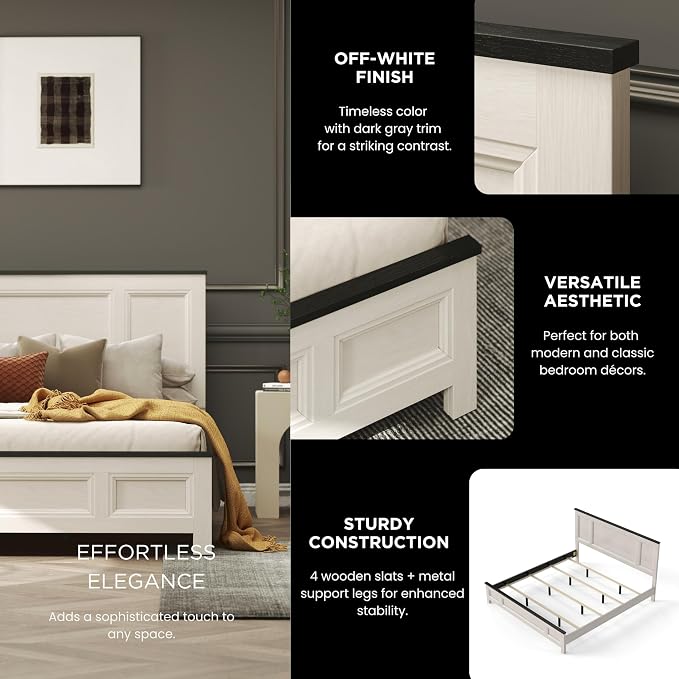 Roundhill Furniture Realynn 3-Piece Wood Bedroom Set, King Size Panel Bed with 2 Nightstands, Off-White Finish
