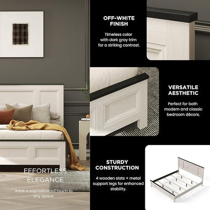 Roundhill Furniture Realynn 3-Piece Wood Bedroom Set, King Size Panel Bed with 2 Nightstands, Off-White Finish