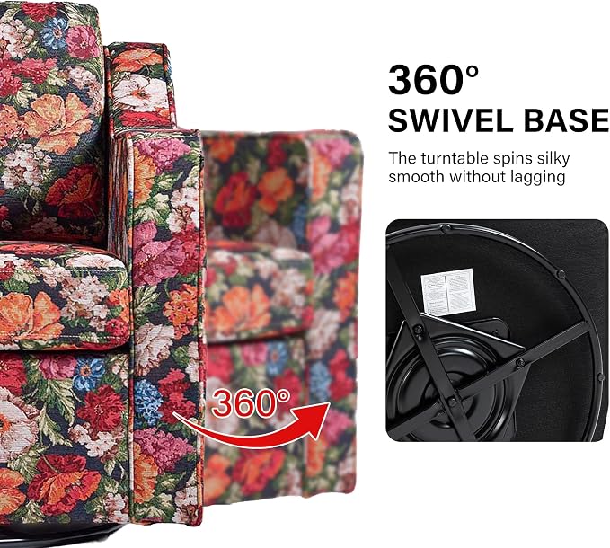 Swivel Accent Chair, Modern Round Barrel Arm Chair for Living Room, Bedroom, Comfy Club Reading Chairs for Adults (Black Floral, Set of 2)